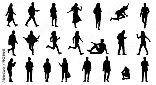 Diverse silhouettes of people engaging in dynamic physical activities isolated on transparent background, Vector