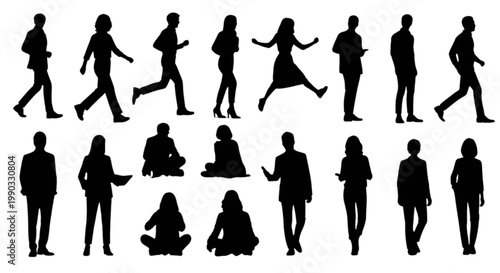 Diverse silhouettes of people engaging in various activities and poses isolated on transparent background, Vector
