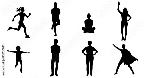 Silhouettes of people in various dynamic and relaxed poses isolated on transparent background, Vector
