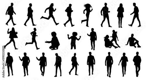 Diverse silhouettes of people engaging in various dynamic running and walking poses isolated on transparent background, Vector