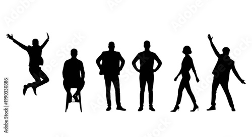Dynamic silhouette figures in various jumping and standing poses isolated on transparent background, Vector