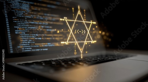 Cybersecurity programming concept on laptop screen, glowing digital star icon with software code, futuristic data encryption and web development