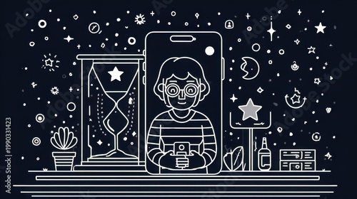 Minimalist line art illustration of girl on smartphone screen, cosmic night sky with stars and hourglass, white outline drawing on black background