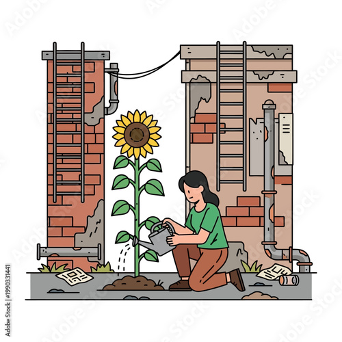 Urban Guerilla Gardening Illustration with Woman and Sunflower
