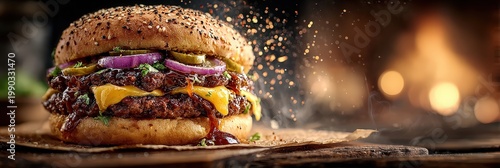 Delicious Cheeseburger with Onions and Pickles on a Grill