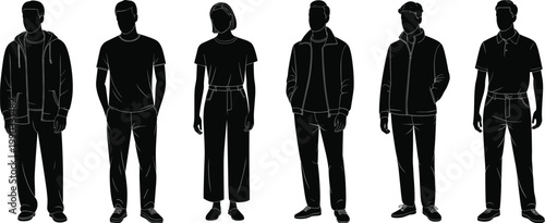 People silhouette set, casual men and women outfit figures standing characters minimal black vector illustration collection design