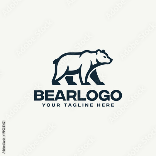 Bear logo design with a minimalist silhouette of a grizzly bear walking, professional animal icon for branding and corporate identity on a light background.