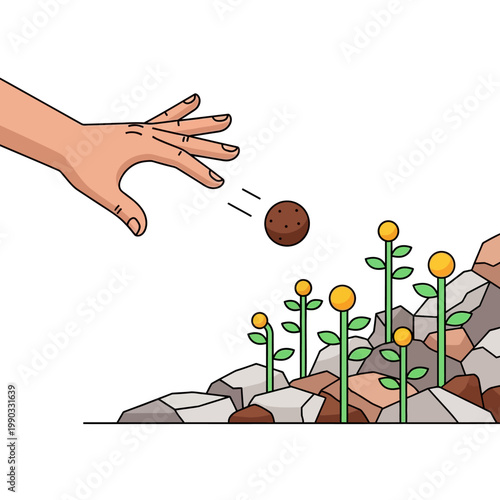 Hand throwing seed bomb for guerrilla gardening vector illustration
