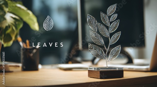 Modern glass leaf trophy on wooden base, elegant crystal award with botanical engraving, decorative office desk accessory with leaves