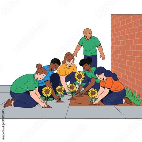 Diverse community group planting sunflowers in urban garden vector