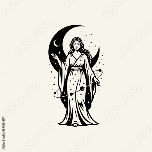 Black and white illustration of a celestial woman standing in front of a crescent moon, surrounded by stars and orbiting planets, mystical fantasy goddess graphic design.