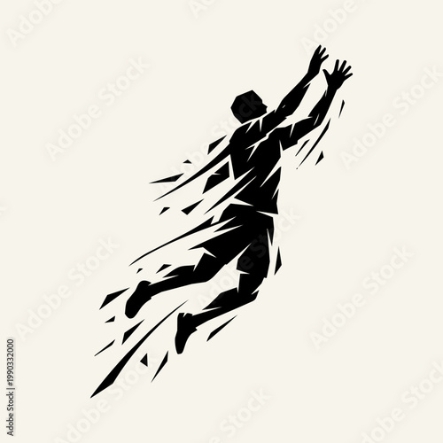 Black silhouette of a person jumping with fragmented limbs, dynamic movement, sports action