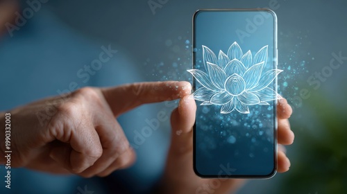 Glowing lotus flower hologram on smartphone screen, digital meditation and wellness app interface, person using mobile technology for zen mindfulness