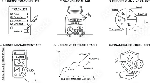 A comprehensive visual guide to personal finance management, including expense tracking, savings goals, budget planning, and financial control. AI, eps, png, jpg. transparent background.