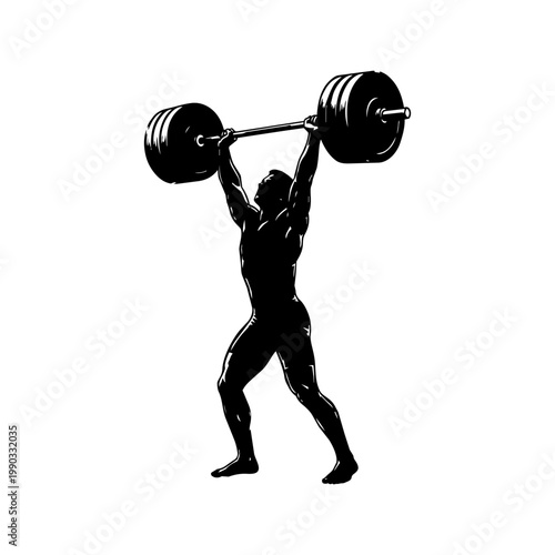 Black silhouette of a weightlifter lifting a heavy barbell overhead, dynamic fitness illustration for strength and power training.