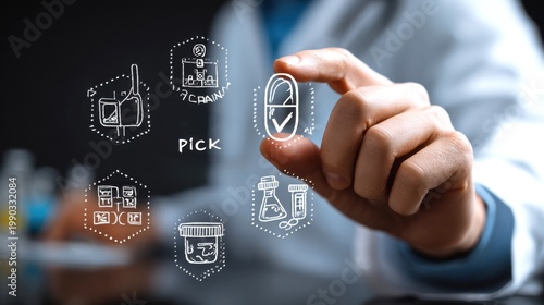 Digital healthcare technology concept, doctor interacting with virtual medicine icons, futuristic pharmaceutical research and medical innovation