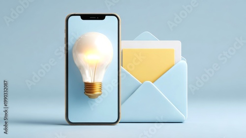 Creative light bulb on smartphone screen with open mail envelope, innovative digital communication concept, mobile marketing and business idea inspiration