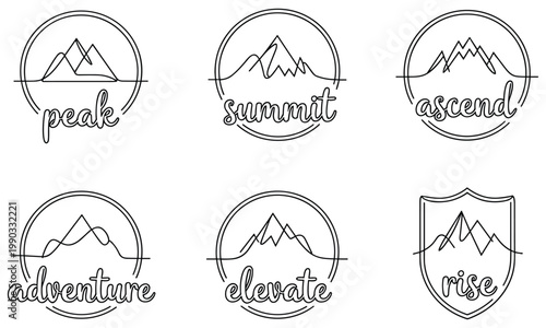 Mountain logos with inspirational words peak summit ascend adventure elevate rise.
