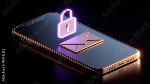 Cybersecurity mobile phone concept with glowing padlock and envelope, secure email communication on smartphone, digital data protection technology