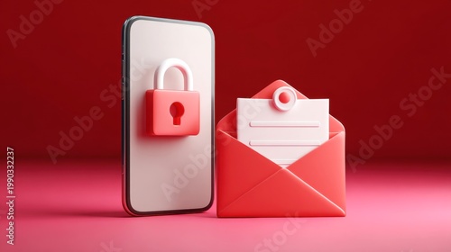 Cybersecurity 3D illustration of smartphone with padlock and open envelope, secure email communication concept, mobile data protection on red background