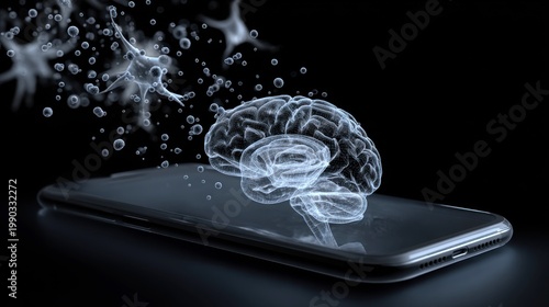 digital brain hologram floating over smartphone, artificial intelligence and neural network concept, glowing 3D human mind on mobile device