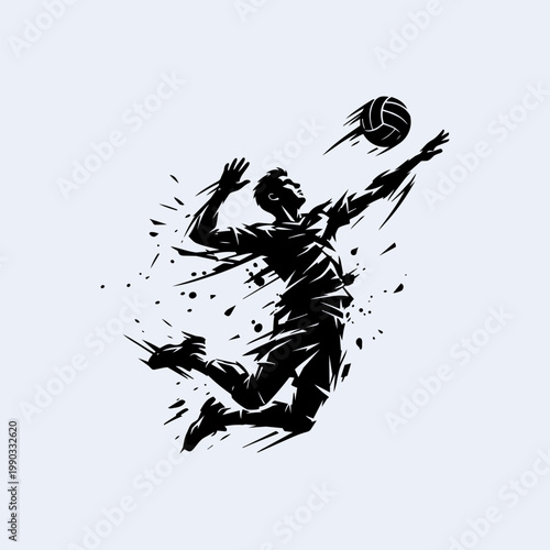 Dynamic silhouette of a volleyball player jumping to spike a ball, abstract ink splatter style illustration of an athlete in motion.