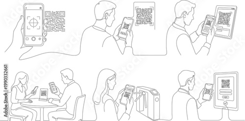 A black and white illustration of people using their smartphones to scan QR codes in various settings. AI, eps, png, jpg. transparent background.