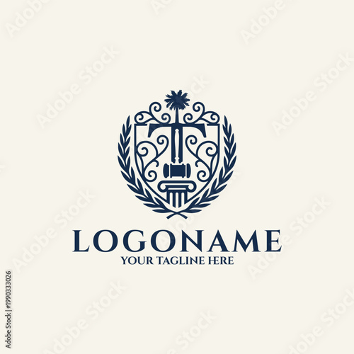 Legal services logo featuring a shield with a gavel and pillar, decorative floral elements and laurel branches framing a law firm emblem.