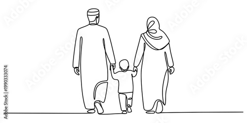 Continuous one line drawing of a happy muslim family walking together from the back view Vector, illustration
