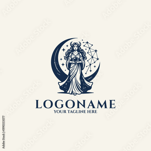 Logo design featuring a celestial woman holding a crystal ball in front of a crescent moon, decorative starry constellation and mystical theme elements.