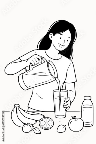 flat vector illustration of girl pouring juice into a glass