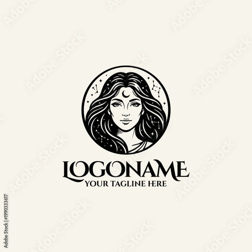 Minimalist logo design featuring a woman's silhouette with hair integrated with crescent moon and star patterns, elegant celestial beauty icon for branding.