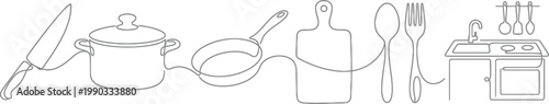 A minimalist line drawing of kitchen utensils and appliances on a white background AI, eps, png, jpg. transparent background.