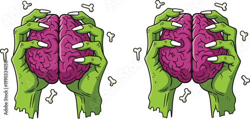 Zombie Hands Holding Brain Illustration with Creepy Horror Elements in Cartoon Style for Halloween Design, Spooky Graphics, Game Assets, and Creative Projects.