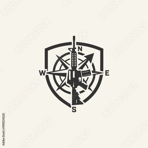 Monochrome vector illustration featuring a tactical military rifle placed over a compass rose symbol, set within a shield emblem.