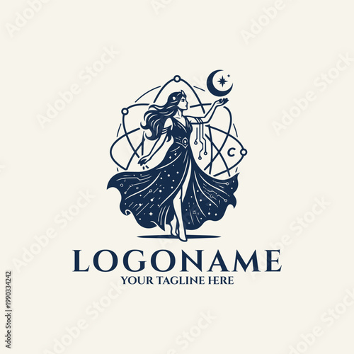 Mystical woman in starry dress holding crescent moon and star within geometric cosmic network, representing astrology and technology