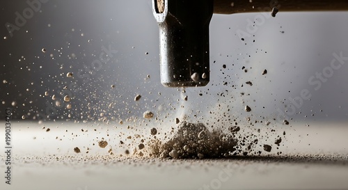 Heavy metal hammer striking a stone surface with explosive dust and flying debris