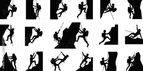 Black silhouette collection of rock climbing icons, climbers with backpacks, ropes, and harnesses ascending cliffs and rugged mountain slopes