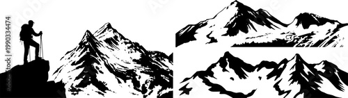 Hiker silhouette with trekking poles on rocky ledge and stylized mountain range icons in bold black design