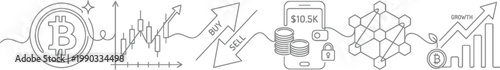 A line of various cryptocurrency and finance related icons and graphs on a white background AI, eps, png, jpg. transparent background.