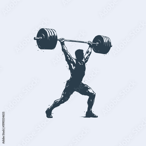 Silhouette illustration of a weightlifter performing a heavy overhead lift, artistic ink splash style graphic of an athlete exercising in the gym.