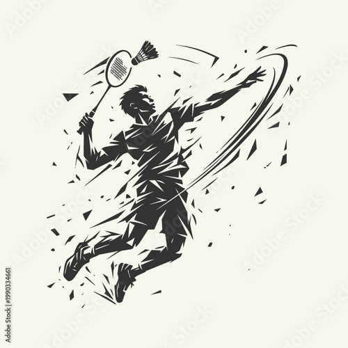 Silhouette of a badminton player jumping to smash a shuttlecock, dynamic abstract illustration with geometric fragments and motion lines.