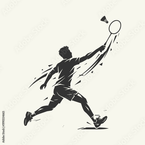Silhouette of a badminton player lunging to strike a shuttlecock, dynamic sports illustration with abstract motion effects.