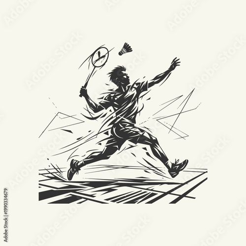 Silhouette of a badminton player in mid-air, hitting a shuttlecock with a racket, dynamic brush strokes