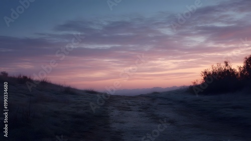 A tranquil dawn landscape showing pastel colors across the sky above a gentle expansive grassy hillside