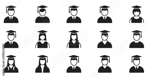 Graduation cap icons of diverse students, representing academic achievement and learning.