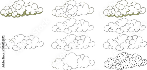 Stylized black and white cloud icons, nine fluffy cumulus silhouettes with varied outlines, shading, and artistic textures