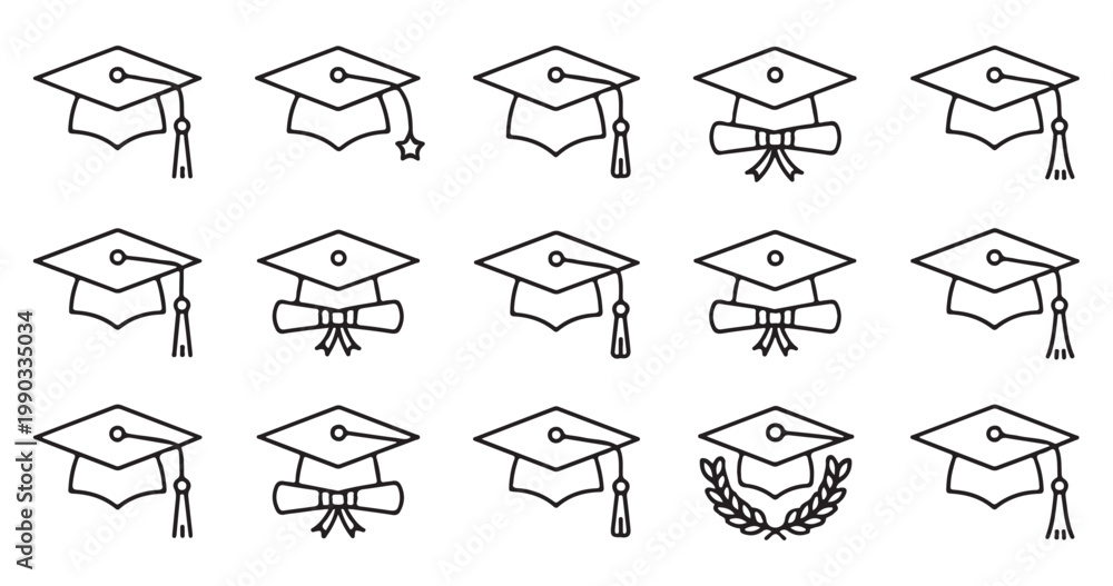 Fototapeta premium Minimalist outline graduation cap icons with different tassel shapes and scroll symbols.