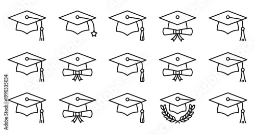Minimalist outline graduation cap icons with different tassel shapes and scroll symbols.