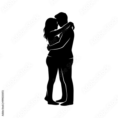 Silhouette of a couple embracing, close together in a tender hug